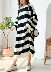 French Black Striped Cozy Knit Long Sweater Batwing Sleeve