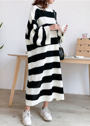 French Black Striped Cozy Knit Long Sweater Batwing Sleeve