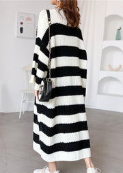 French Black Striped Cozy Knit Long Sweater Batwing Sleeve