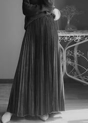 French Black Striped High Waist Silk Velvet Pleated Skirt Spring