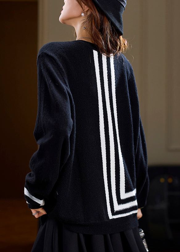 French Black Striped Patchwork Woolen Sweaters Spring