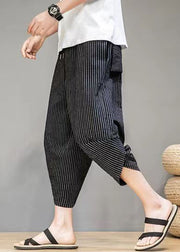 French Black Striped Pockets Cotton Mens Crop Pants Summer