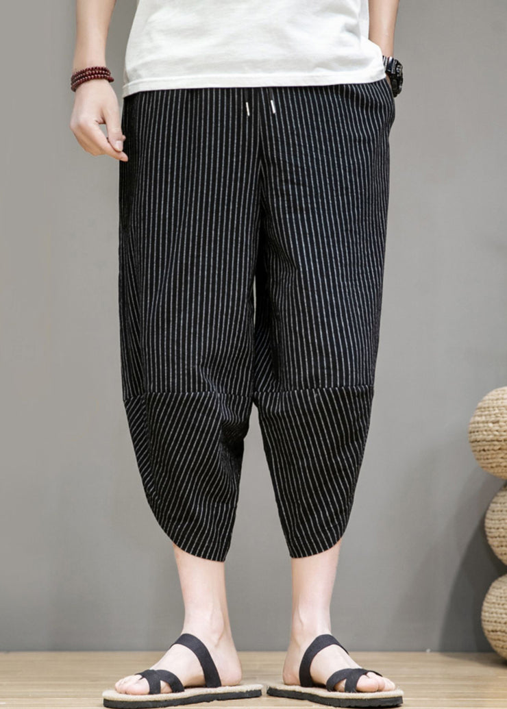 French Black Striped Pockets Cotton Mens Crop Pants Summer