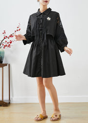 French Black Tasseled Cinched Patchwork Cotton Fake Two Piece Shirt Dresses Fall