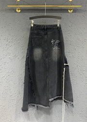 French Black Tasseled Lace Up Pockets Patchwork Denim Skirts Fall