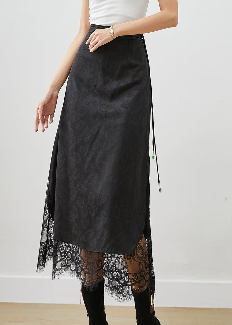 French Black Tasseled Patchwork Lace Silk Skirt Fall