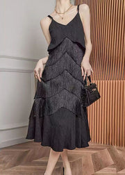 French Black Tasseled Vacation Strap Fishtail Dress Summer