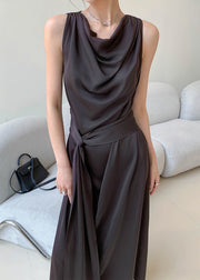 French Black Tie Waist Slim Fit Silk Party Dress Sleeveless