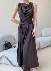 French Black Tie Waist Slim Fit Silk Party Dress Sleeveless