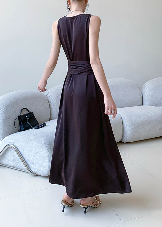 French Black Tie Waist Slim Fit Silk Party Dress Sleeveless