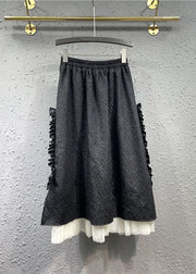 French Black Tulle Patchwork Ruffled Elastic Waist Maxi Skirts