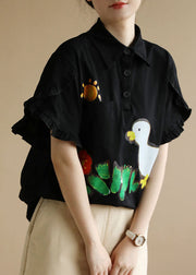 French Black Turn-down Collar Ruffled Character Applique Cotton Shirts Short Sleeve