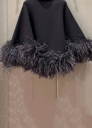 French Black Turtleneck Fluffy Patchwork Woolen Cape Tops Spring