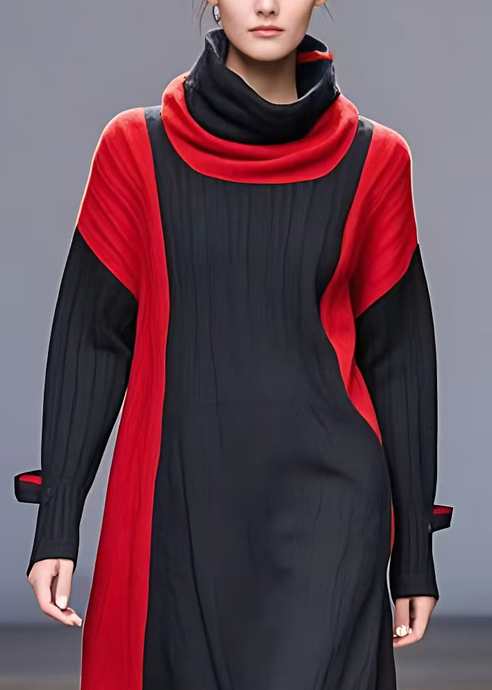 French Black Turtleneck Patchwork Cotton Dresses Long Sleeve