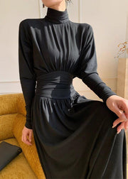 French Black Turtleneck Patchwork Flattering Knit Long Dress Spring