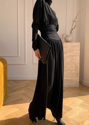 French Black Turtleneck Patchwork Flattering Knit Long Dress Spring