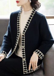 French Black V Neck Button Patchwork Knit Coats Fall