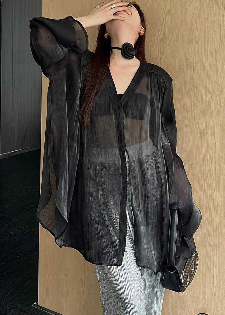 French Black V Neck Button Shirts Tops Long Sleeve