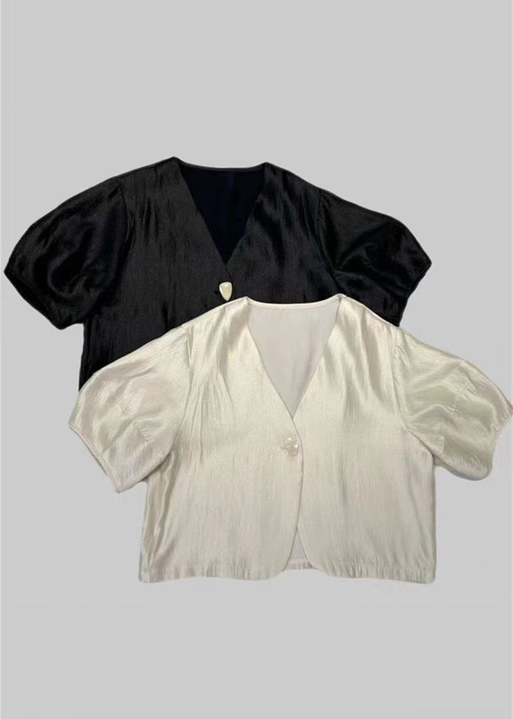 French Black V Neck Button Silk Shirt Short Sleeve