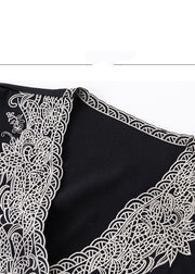 French Black V Neck Embroideried Chiffon Blouses Long Sleeve