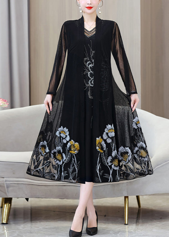 French Black V Neck Embroidered Floral Ice Silk Long Sunscreen Cardigans Summer