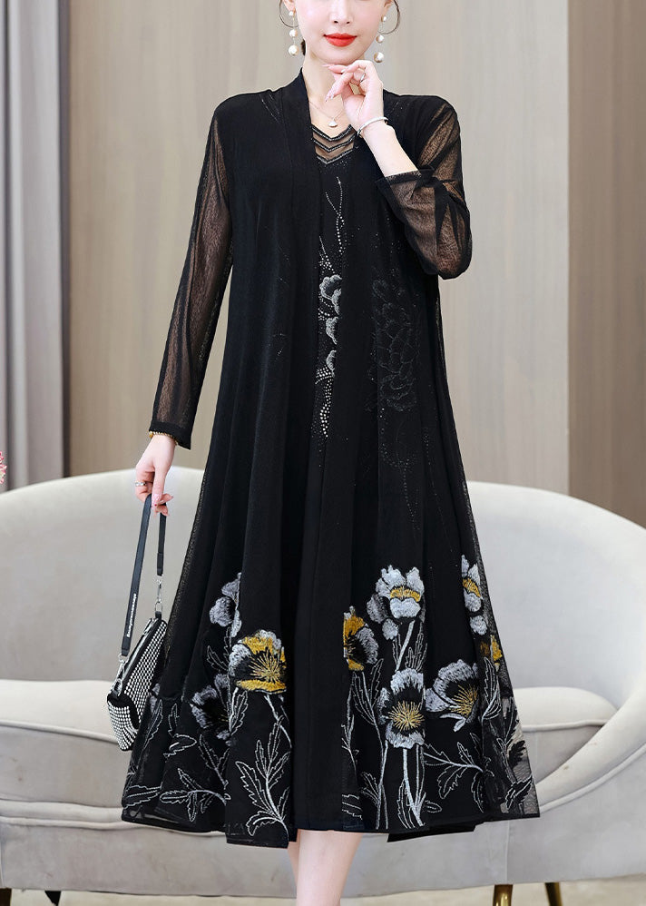 French Black V Neck Embroidered Floral Ice Silk Long Sunscreen Cardigans Summer