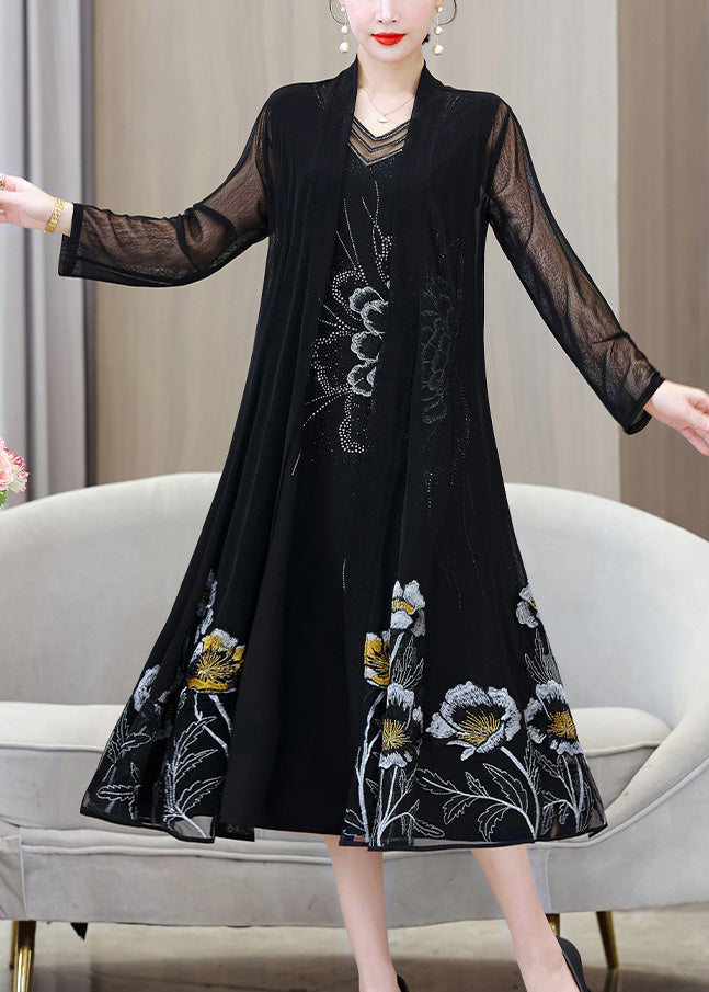 French Black V Neck Embroideried Floral Ice Silk Long Sunscreen Cardigans Summer