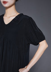 French Black V Neck Exra Large Hem Silk Ankle Dress Summer