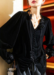 French Black V Neck Floral Silk Velour Shirts Fall