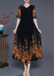 French Black V Neck Golden Floral Tulle Holiday Dress Summer