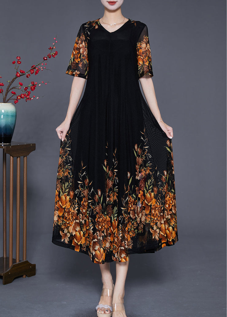 French Black V Neck Golden Floral Tulle Holiday Dress Summer