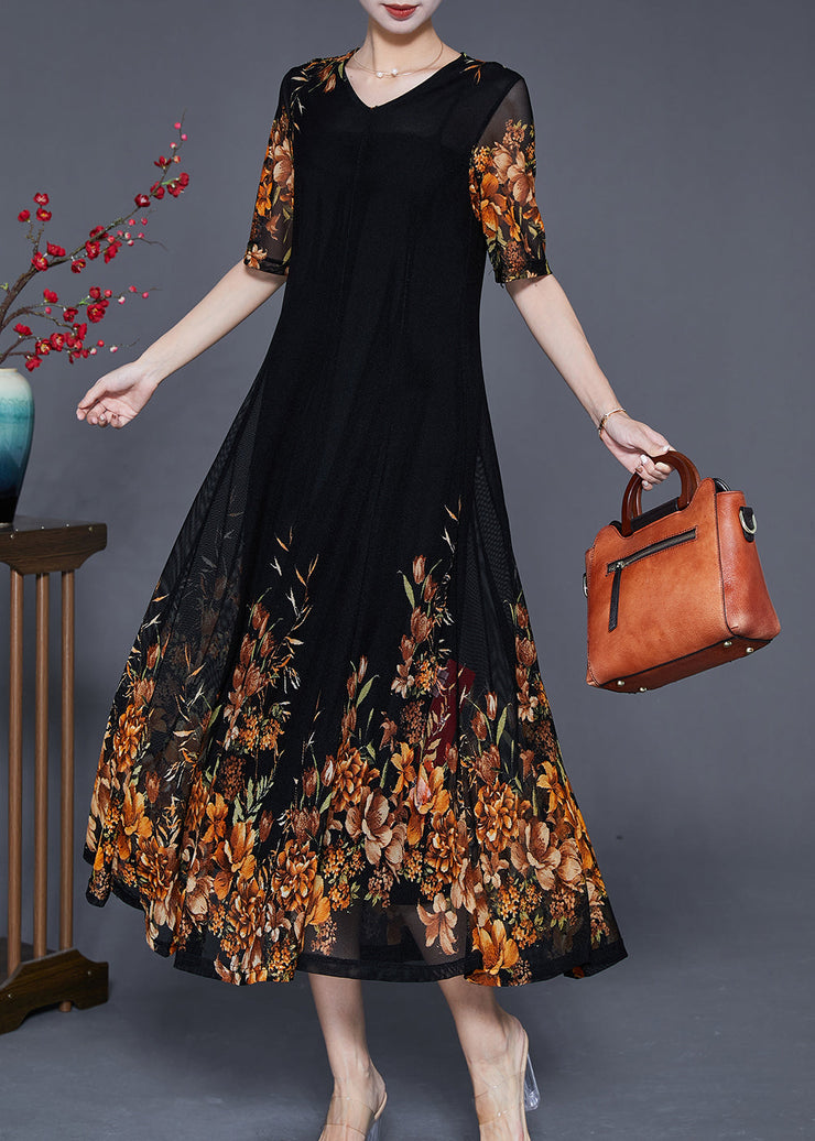 French Black V Neck Golden Floral Tulle Holiday Dress Summer