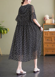 French Black V Neck Hooded Print Chiffon Dress Summer