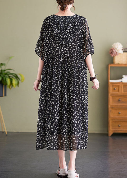 French Black V Neck Hooded Print Chiffon Dress Summer