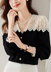 French Black V Neck Lace Patchwork Velour Shirts Spring