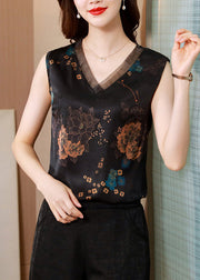 French Black V Neck Organza Patchwork Print Silk Vests Sleeveless