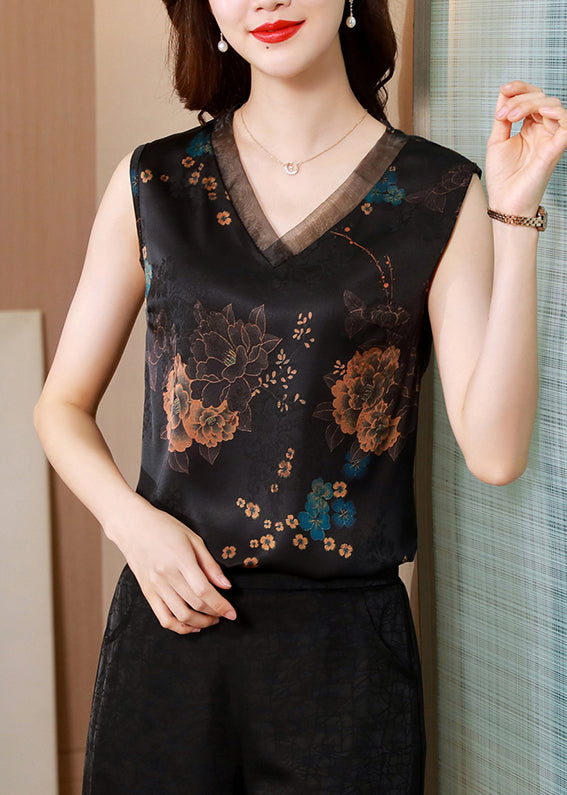 French Black V Neck Organza Patchwork Print Silk Vests Sleeveless