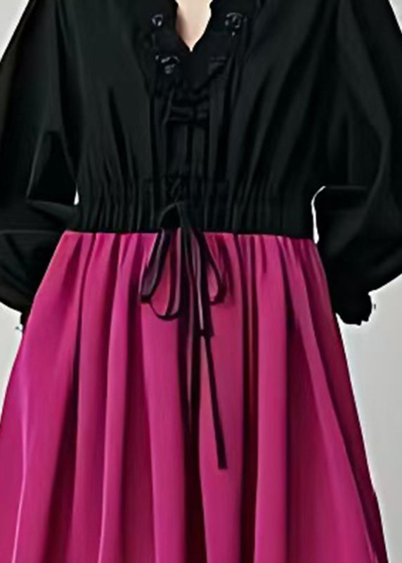 French Black V Neck Patchwork Cotton Cinched Dresses Spring