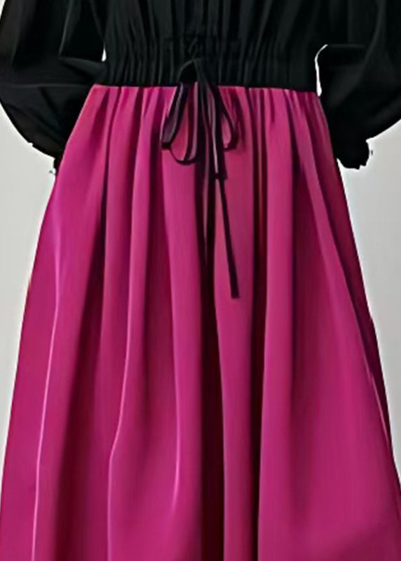 French Black V Neck Patchwork Cotton Cinched Dresses Spring