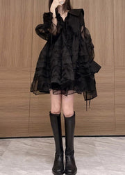 French Black V Neck Patchwork Tulle Mid Dresses Long Sleeve