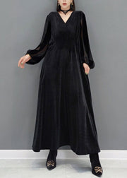 French Black V Neck Pocket Patchwork Velour Dress Autumn