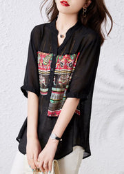 French Black V Neck Print Button Patchwork Cotton Tops Summer