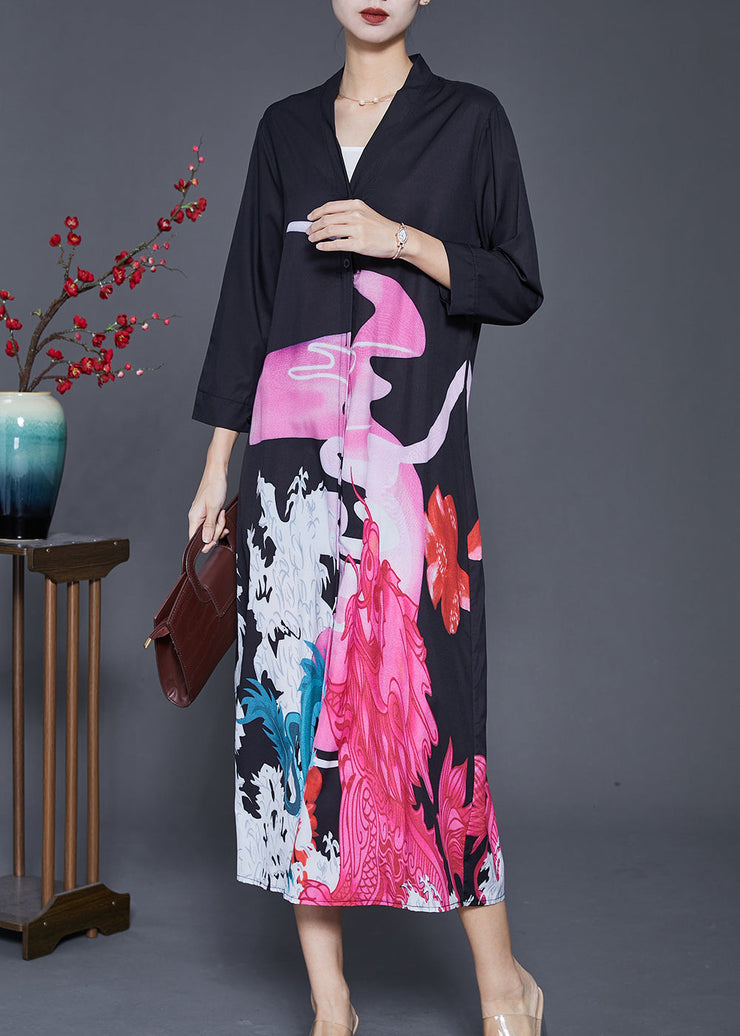 French Black V Neck Print Silk Long Dresses Spring