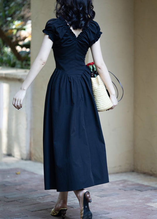 French Black V Neck Ruffled Puff Sleeve Cotton Dress