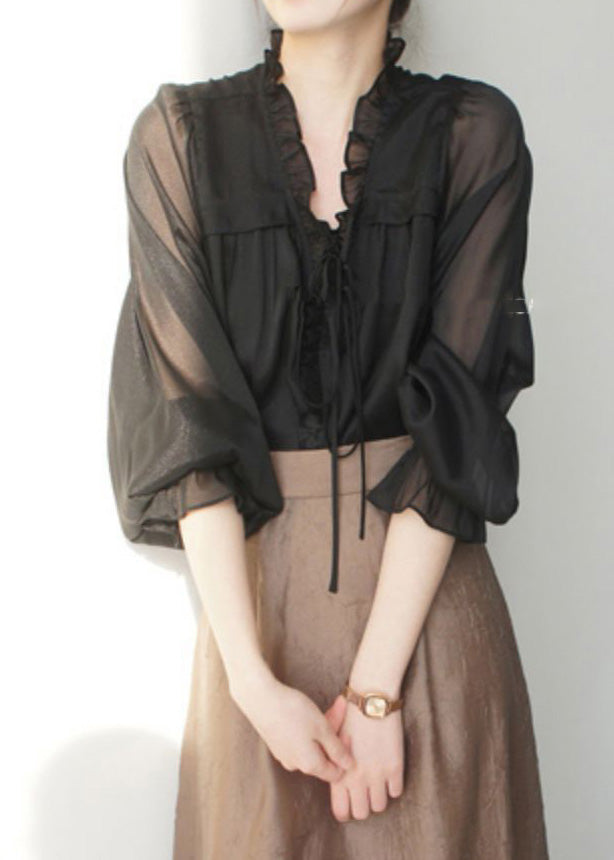 French Black V Neck Ruffled Solid Silk Shirts Spring