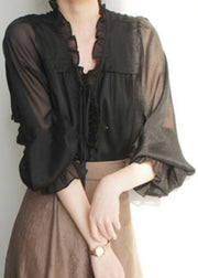 French Black V Neck Ruffled Solid Silk Shirts Spring