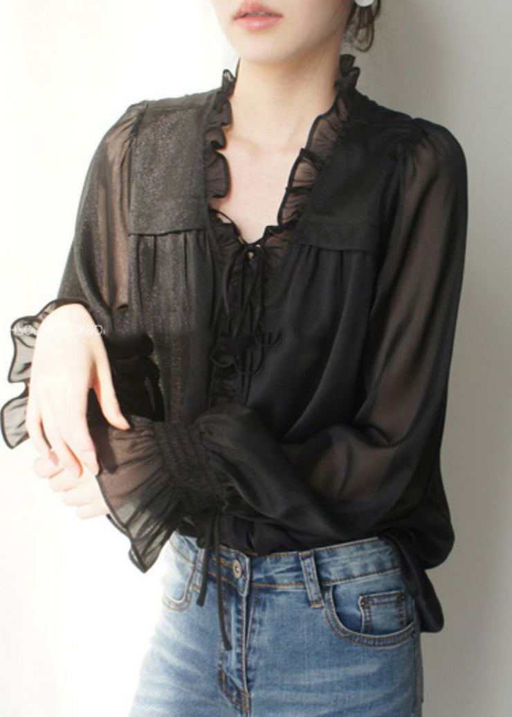 French Black V Neck Ruffled Solid Silk Shirts Spring