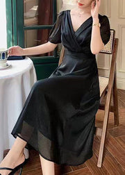 French Black V Neck Solid Silk Long Dresses Summer