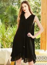 French Black V Neck Tassel Patchwork Ruffles Chiffon Mid Dress Sleeveless