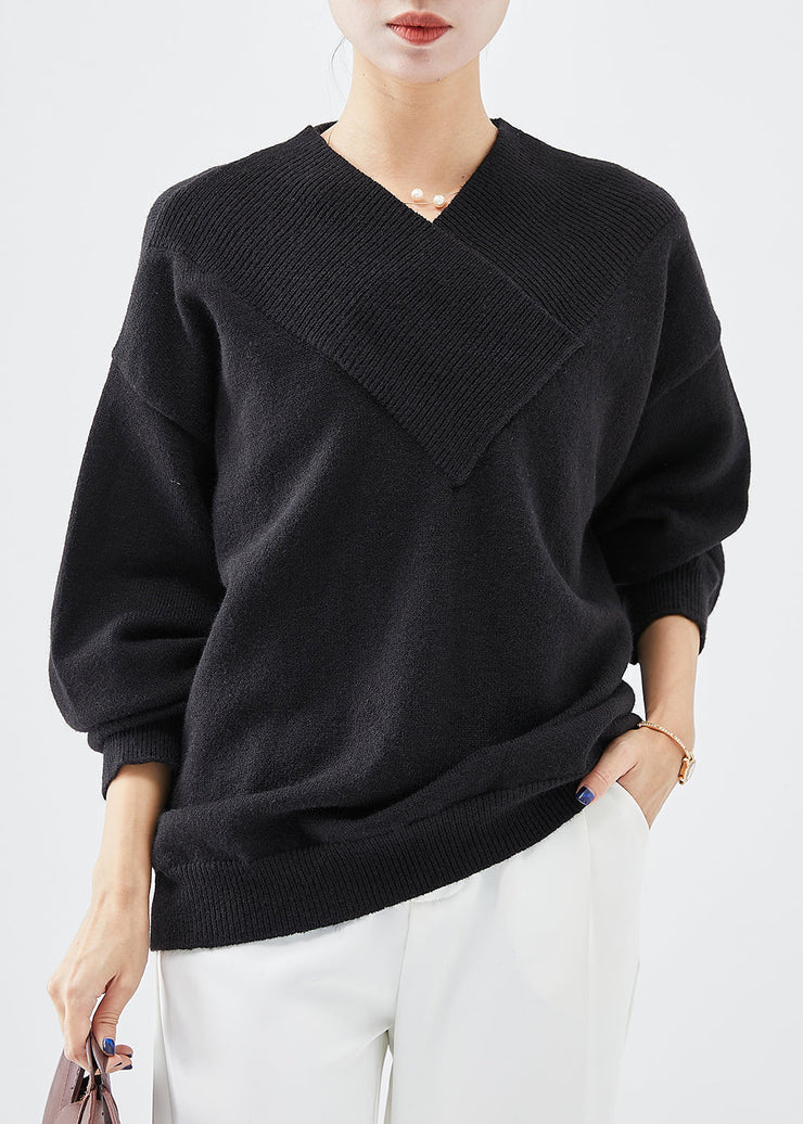 French Black V Neck Thick Knit Top Winter